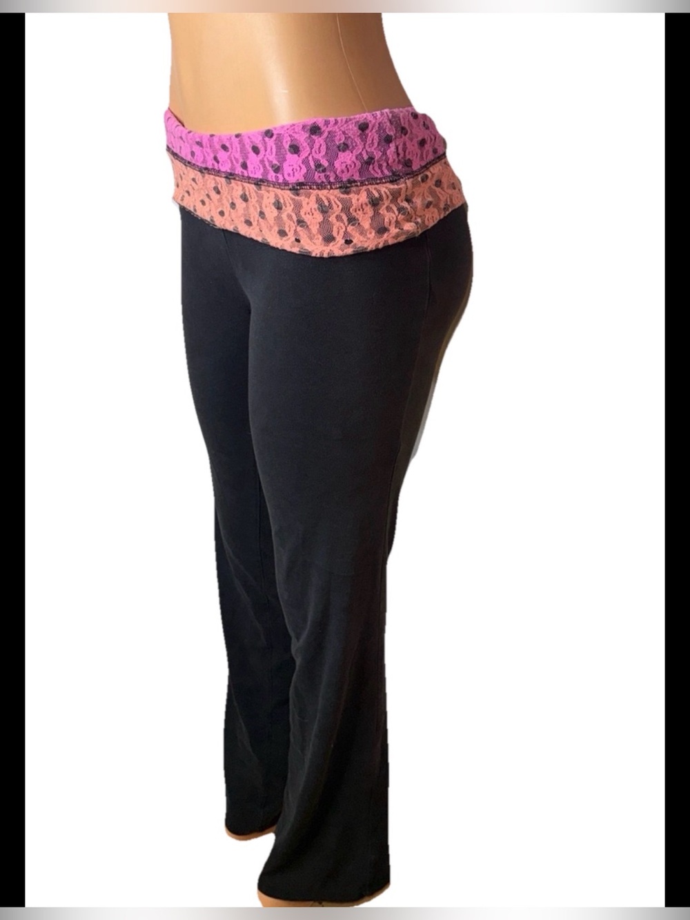 PINK Victoria's Secret Black Leggings with Pink and Peach Lace Waistband